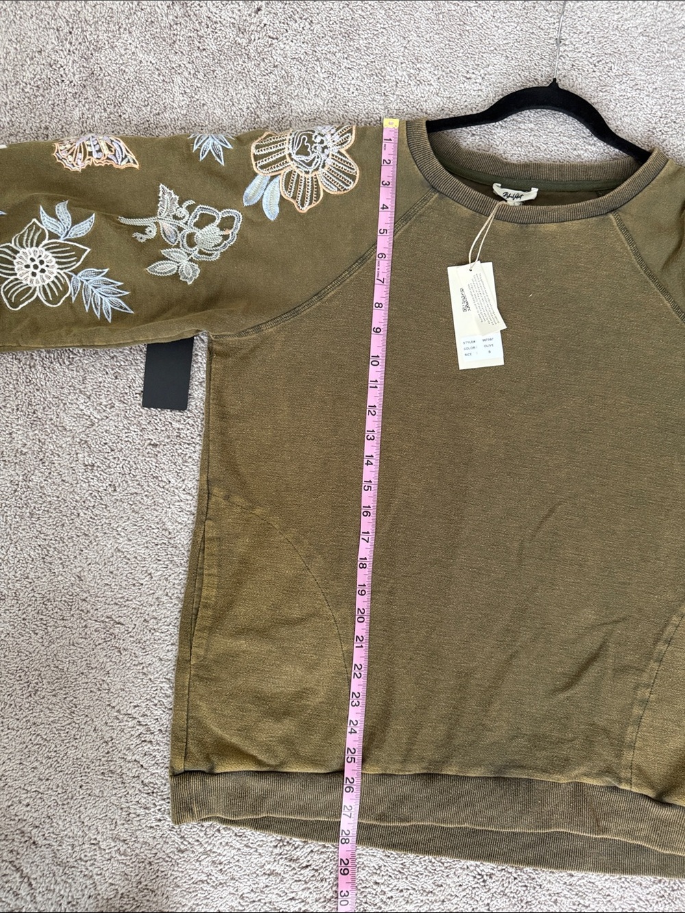 Blue Velvet Brand Mineral Washed Olive Embroidered Floral Sleeve Sweatshirt - Picture 12 of 15